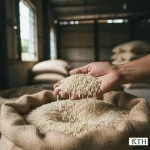 Cận cảnh hạt gạo 108 (IR 108) cũ màu trắng ngà, thon nhỏ trên tay người chuyên gia, thể hiện đặc tính khô xốp đặc trưng.