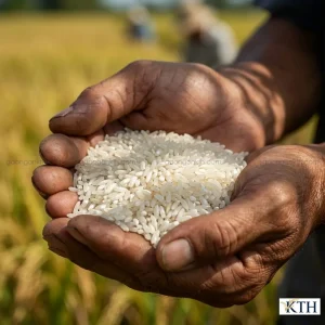 Cận cảnh hạt gạo Bụi Sữa màu trắng đục ngà và bụng bạc trên tay người nông dân miền Tây.