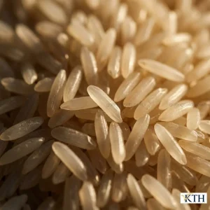 Cận cảnh kết cấu hạt gạo OM18 thon dài, trắng trong, đều hạt của Gạo Ngon KTH dưới ánh sáng tự nhiên làm nổi bật chất lượng thượng hạng.