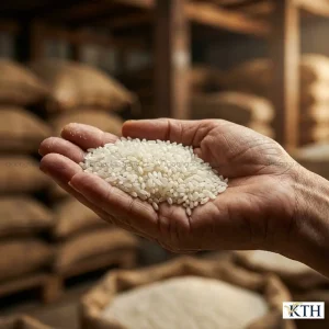 Cận cảnh hạt gạo tấm Hàm Châu trên tay với màu trắng đục tự nhiên, hạt ngắn, đều nhau, không bị tẩy trắng hóa chất.