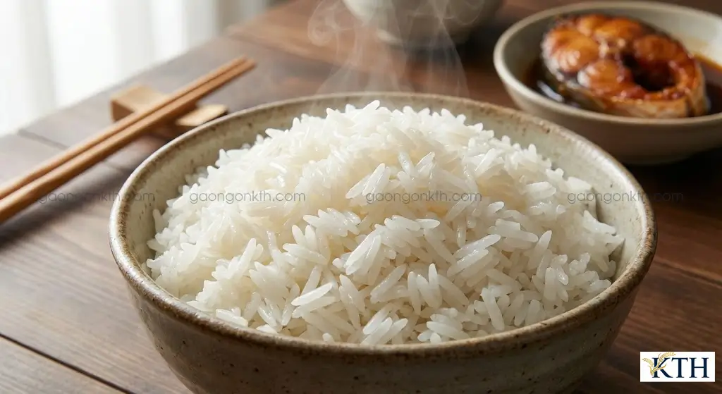 Bát cơm trắng nấu từ gạo OM34, hạt cơm thon dài, mềm xốp, không bị nát, phù hợp cho bếp ăn công nghiệp và quán cơm.