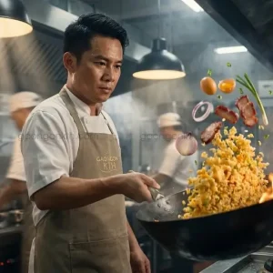 Đầu bếp chuyên nghiệp đang đảo chảo cơm chiên Dương Châu vàng óng, tơi xốp làm từ Gạo Nở 404 của Gạo Ngon KTH trong bếp ăn công nghiệp.