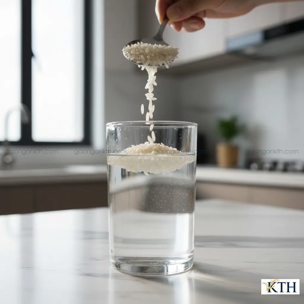 Dấu hiệu nhận biết gạo giả đơn giản tại nhà: các hạt gạo nghi là nhựa nổi lềnh bềnh trong cốc nước.