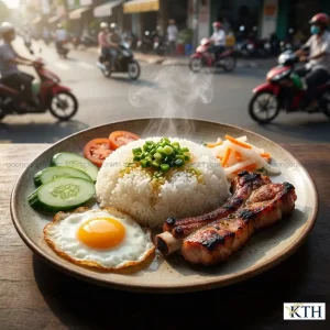 Đĩa cơm tấm sườn bì chả Sài Gòn sử dụng gạo tấm tài nguyên nở xốp trắng đục, rưới mỡ hành hấp dẫn.