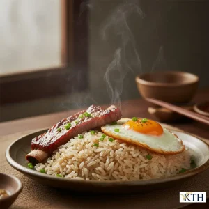 Đĩa cơm tấm ST25 nấu chín đúng cách, hạt cơm dẻo tơi xốp không bị nát, ăn kèm sườn bì chả hấp dẫn.