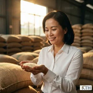CEO Đỗ Thị Nga Xô của Gạo Ngon KTH đang kiểm tra chất lượng gạo tấm Sa Mơ tại kho hàng trước khi xuất xưởng.