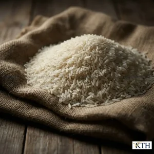 Một đống lớn gạo trắng hạt dài thô chưa chế biến được vun cao trên nền vải bao bố có kết cấu.