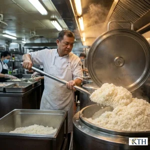 Cơm nấu từ gạo 108 nở xốp đầy ắp nồi công nghiệp, giải pháp lợi cơm tối ưu chi phí cho suất ăn công nhân giá rẻ.