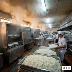 Khay cơm trắng nấu từ gạo 2517 trong tủ nấu cơm công nghiệp, hạt nở nhiều, lợi cơm, tiết kiệm chi phí cho suất ăn.