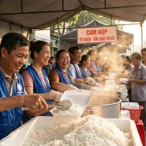 Các tình nguyện viên tại TPHCM đang đóng gói các suất cơm từ thiện sử dụng gạo 4900 để phát cho người dân.