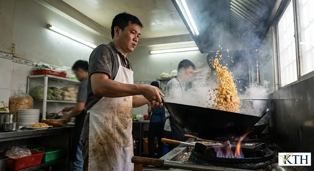 Đầu bếp quán cơm đang chiên cơm bằng gạo 504 cũ, hạt cơm tơi xốp, giòn ngon, thích hợp kinh doanh quán ăn.