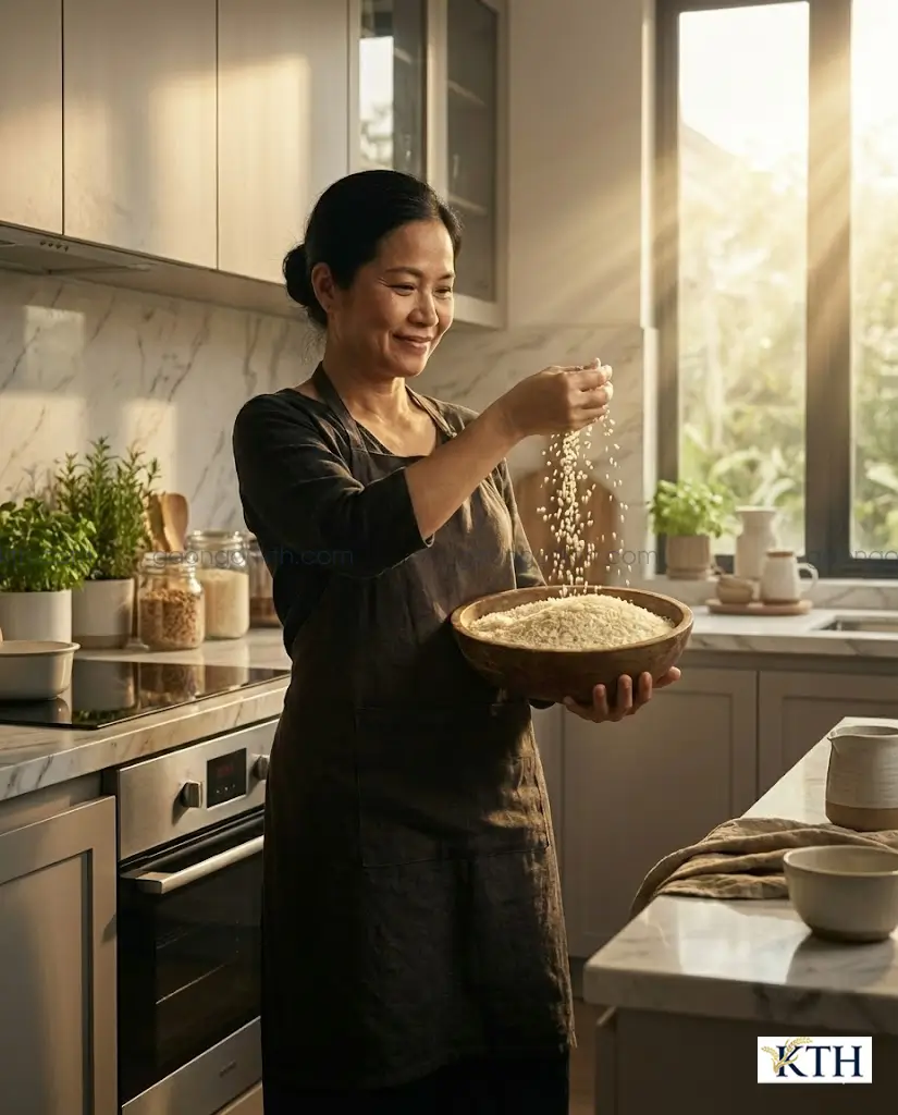 Chuyên gia ẩm thực Việt Nam đang kiểm tra chất lượng gạo Ấn Độ Basmati chính hãng với hạt gạo thon dài, trắng trong.