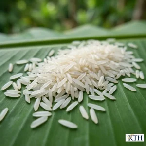 Gạo Basmati hạt siêu dài, trắng ngà, được bày tự nhiên trên nền lá chuối xanh mướt, chụp cận cảnh với ánh sáng tự nhiên và độ sâu trường ảnh nông.
