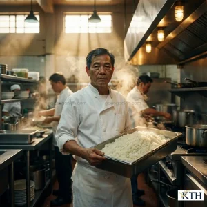 Đầu bếp bếp ăn công nghiệp bưng khay cơm nấu từ gạo Bụi Sữa nở xốp, đầy đặn, tiết kiệm chi phí.