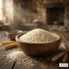 Gạo Bụi Sữa nở xốp, hạt dài, màu trắng đục ngà trong bát gỗ mộc mạc, ánh sáng tự nhiên, nền bokeh, thích hợp cho bếp ăn công nghiệp.