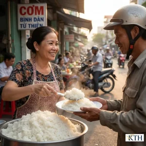 Suất cơm bình dân đầy đặn sử dụng gạo Bụi Sữa phục vụ người lao động và các chương trình từ thiện.