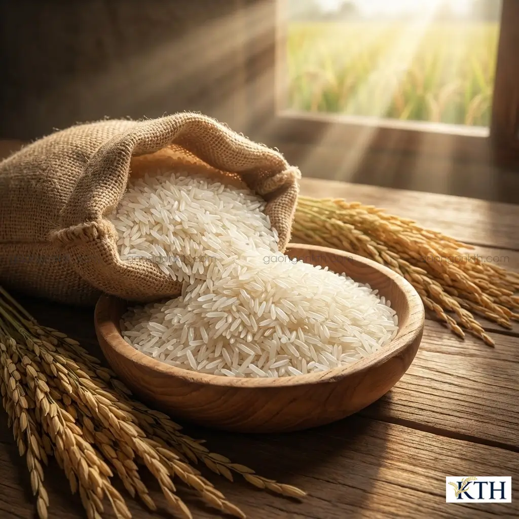 Gạo đặc sản Sen Kro-Ob lúa tôm 6 tháng, hạt gạo thon dài trắng trong bên cạnh bông lúa mùa.