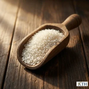 Gạo Đài Loan Gò Công hạt ngắn màu trắng sữa đựng trong gáo gỗ trên bàn ăn