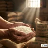 Cận cảnh đôi tay người Việt nâng niu nắm gạo Hàm Châu 95, thấy rõ chất gạo khô, trắng ngà, hậu cảnh là kho gạo mờ ảo với ánh sáng điện ảnh.