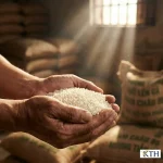 Cận cảnh đôi tay người Việt nâng niu nắm gạo Hàm Châu 95, thấy rõ chất gạo khô, trắng ngà, hậu cảnh là kho gạo mờ ảo với ánh sáng điện ảnh.