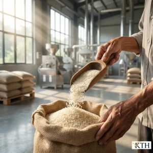 Hình ảnh thực tế người nông dân Việt Nam đang đổ gạo Khang Dân nguyên chất vào bao tải trong kho thóc truyền thống với ánh sáng tự nhiên.