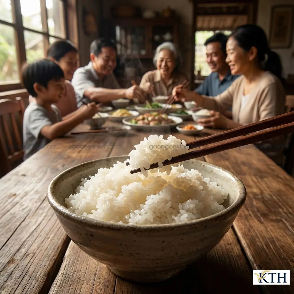 Bát cơm gạo Japonica (gạo Nhật) trắng ngần, dẻo thơm đang bốc hơi nóng hổi trên bàn ăn gia đình Việt Nam - Ảnh: Gạo Ngon KTH.