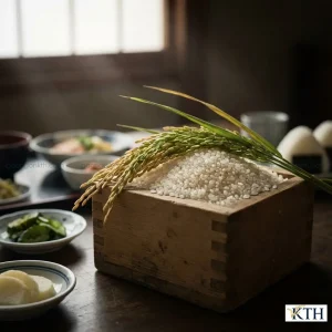 Hộp gỗ masu đựng đầy gạo Japonica và bông lúa chín vàng, bên cạnh là các món ăn truyền thống Nhật Bản.