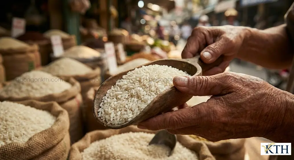 Hạt gạo Khang Dân 18 cũ khô xốp, màu trắng đục trên tay nghệ nhân - bí quyết chọn gạo làm bánh cuốn không bị nhão.