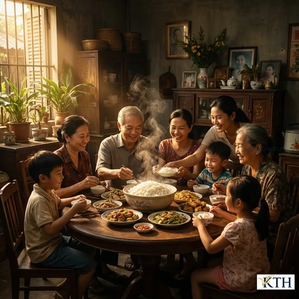 Bữa cơm gia đình Việt Nam ấm cúng với bát cơm gạo Lài Sữa dẻo thơm bốc khói nghi ngút làm trung tâm.