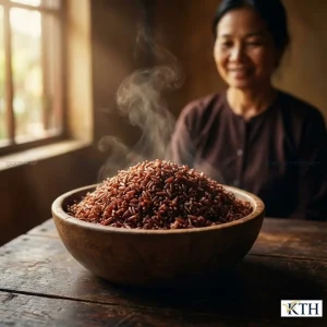 Bát cơm gạo lứt đỏ organic nóng hổi với lớp cám nguyên vẹn hỗ trợ giảm cân và tiểu đường.