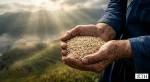 Đôi bàn tay người dân tộc Mường Khương nâng niu hạt gạo lứt Séng Cù nguyên cám, hậu cảnh ruộng bậc thang Tây Bắc.