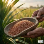 Hạt gạo lứt ST25 Sóc Trăng thon dài nguyên cám màu đỏ nâu trong gáo gỗ tự nhiên.