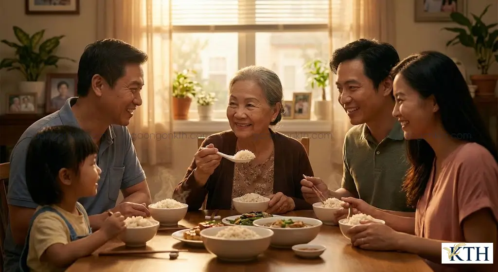 Bữa cơm gia đình Việt với gạo lứt trắng mềm dẻo, phù hợp cho cả người già và trẻ em ăn dặm.