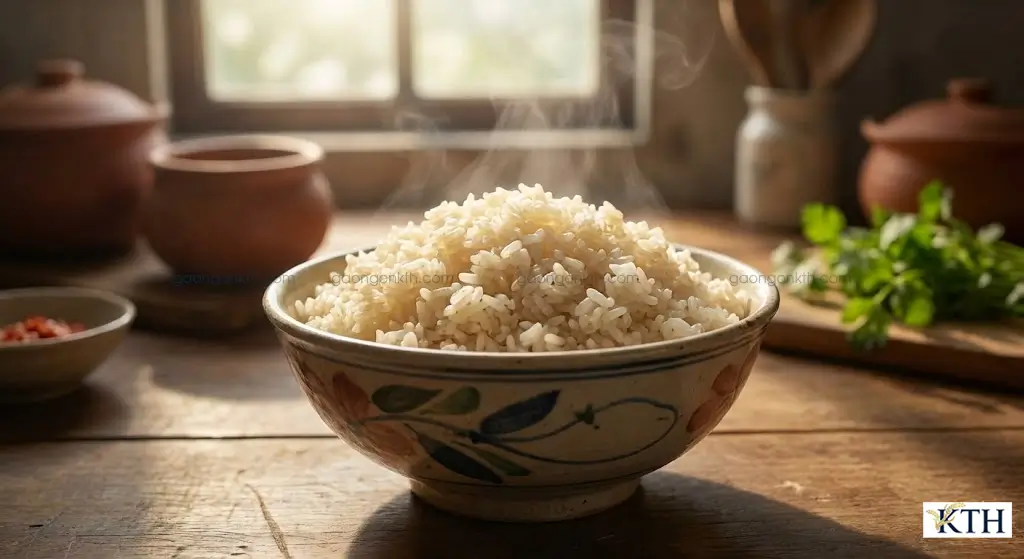 Bát cơm gạo lứt trắng hữu cơ nấu chín mềm dẻo thơm ngon trong bát gốm sứ