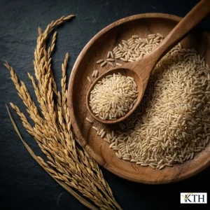 Sắp đặt nghệ thuật gồm gạo lứt trắng hữu cơ trên đĩa gỗ, thìa gỗ và bông lúa khô, thể hiện nguồn gốc tự nhiên.