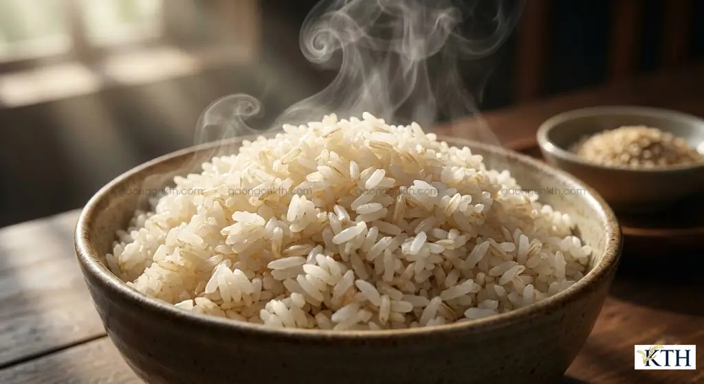 Bát cơm gạo lứt trắng Nàng Hoa nấu chín dẻo thơm, hạt cơm nở đều màu trắng ngà, giải pháp ăn kiêng cho người tiểu đường.