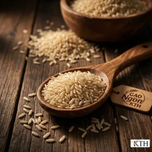 Gạo Lứt Trắng Nàng Hoa nguyên cám trên thìa gỗ và tràn ra bàn gỗ tối màu, với ánh sáng ấm áp tạo khối và bóng đổ mềm mại, làm nổi bật vẻ đẹp tự nhiên của sản phẩm.