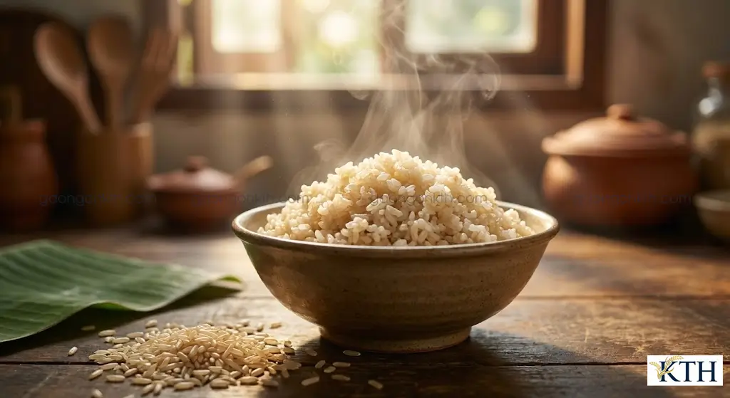 Cơm gạo lứt trắng ST25 nấu chín mềm dẻo, bông xốp trong bát gốm sứ, bữa ăn Eat Clean lành mạnh cho người Việt.