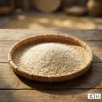 Gạo Nàng Hoa 9 hạt dài, trắng trong, được đựng đầy trong một chiếc gáo dừa mộc mạc trên nền gỗ. Hình ảnh chụp cận cảnh, làm nổi bật kết cấu hạt gạo đặc sản Gò Công, Tiền Giang, đạt chuẩn GlobalGAP
