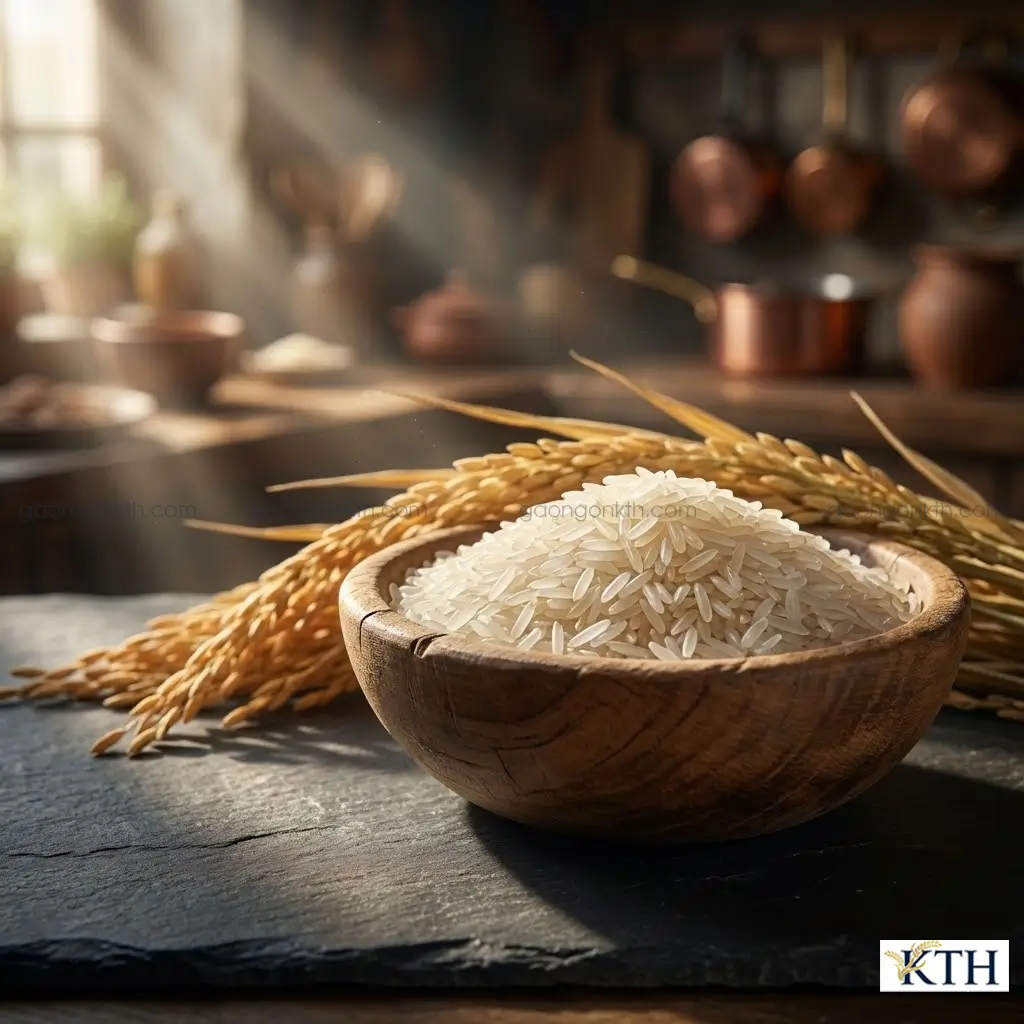 Chén gỗ đầy gạo Nàng Hương Chợ Đào đặc sản Long An, hạt gạo thon dài, màu trắng đục, bên cạnh là bông lúa khô trên nền đá xám.