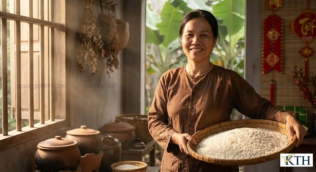 Hình ảnh gạo nếp cái hoa vàng hạt tròn mẩy trên mẹt tre được tuyển chọn kỹ lưỡng cho dịp Tết Nguyên Đán 2025.