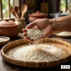 Gạo nếp CK92 đặc sản Phú Tân trên tay người, được bốc từ mẹt tre truyền thống. Hạt gạo dài, đều, màu trắng sữa, đạt tiêu chuẩn xuất khẩu.