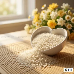 Gạo nếp Thái đặc sản trong bát sứ trắng hình tim đặt trên chiếu tre, với nền hoa mờ.