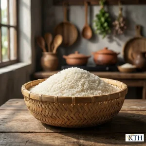 Mẹt Gạo Lài Bún nguyên liệu làm bún tươi sạch trong mẹt tre truyền thống, hạt gạo khô nở xốp.