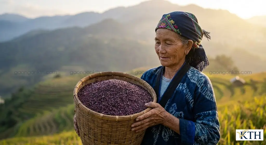 Người phụ nữ dân tộc H'Mông nâng niu hạt gạo nương tím Tây Bắc trên nương rẫy ruộng bậc thang Mù Cang Chải.
