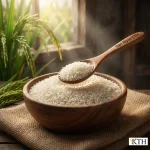 Bát gạo OM18 thơm dẻo của thương hiệu Gạo Ngon KTH đặt trên nền vải bố mộc mạc với ánh nắng tự nhiên và bông lúa xanh làm nền.