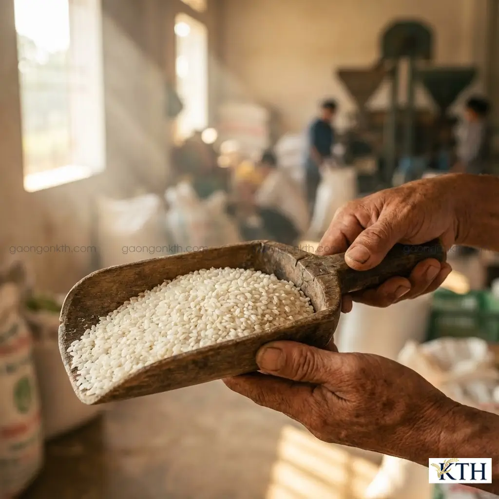 Cận cảnh hạt gạo Q5 với đặc điểm ngắn, mập, màu trắng đục trong gáo gỗ - Nguyên liệu chuyên dụng cho bún bánh.