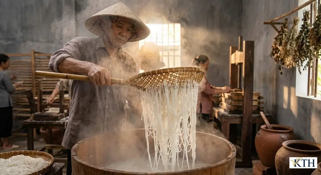 Sợi bún tươi trắng ngần, dai ngon và bóng mượt được làm từ 100% gạo Q5 cũ nở xốp.