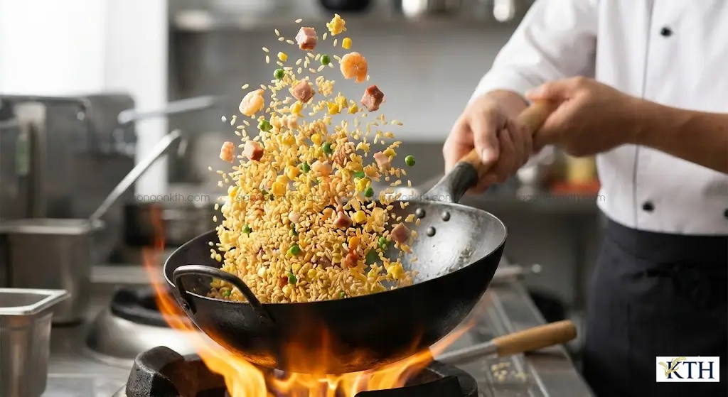 Đĩa cơm chiên Dương Châu với hạt cơm tơi xốp, rời rạc, không bết dính nhờ sử dụng gạo Q5.