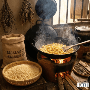 Gạo Sa Mơ cũ thương hiệu Gạo Ngon KTH trên tay, trong bối cảnh bếp củi truyền thống. Gạo Sa Mơ cũ khô cơm, nở nhiều, chuyên dùng làm cơm chiên Dương Châu.